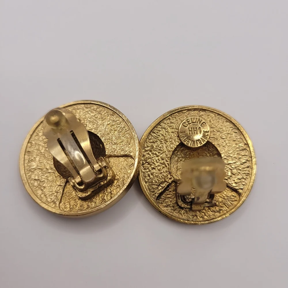 Celine Gold Plated White Enamel Round Clip Earrings